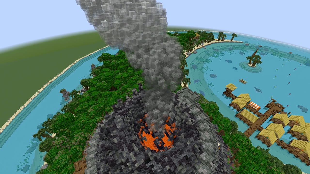 A smoking volcano on a crescent island with a lagoon and stilt houses