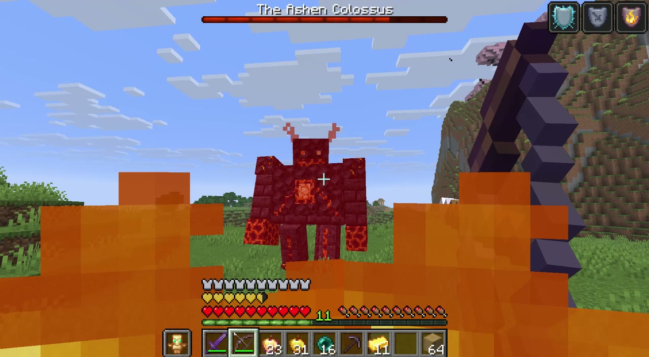 The Ashen Colossus, a lava golem, behind a ring of fire