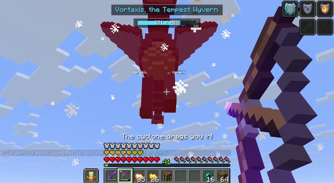 Vortaxis, a red storm dragon, pulling the player in with a cyclone